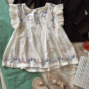 Embroidered Ivory  Ecru Cotton Boho  Top  with Floral Detail